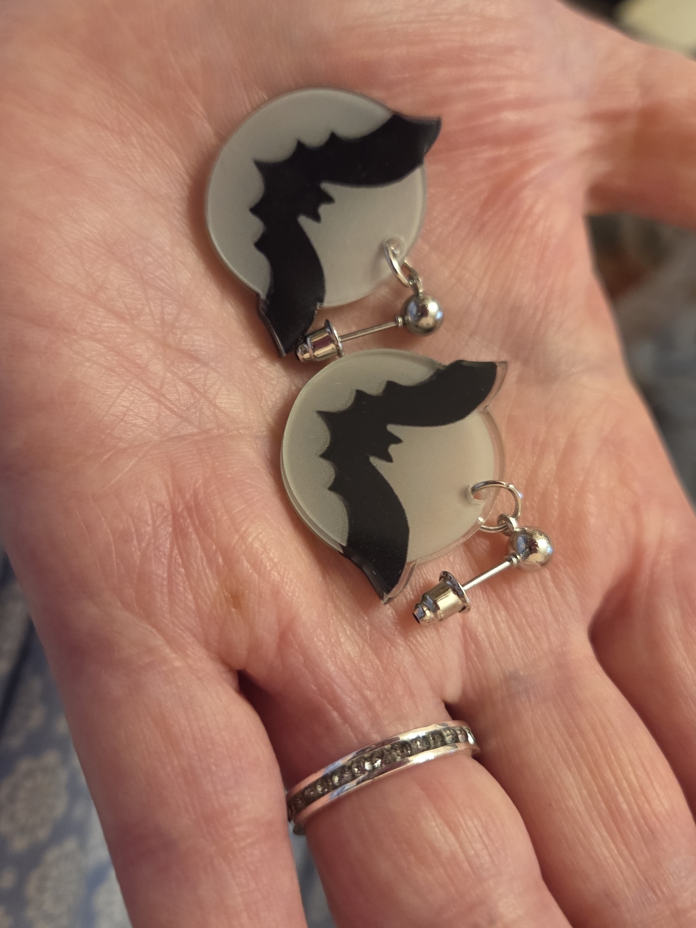 Halloween Bat In The Moonlight Dangle Stud Earrings - Black and White